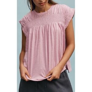 Anthropologie Women's Smocked Yoke Top Womens M Pink Cap Sleeve Blouse Romantic